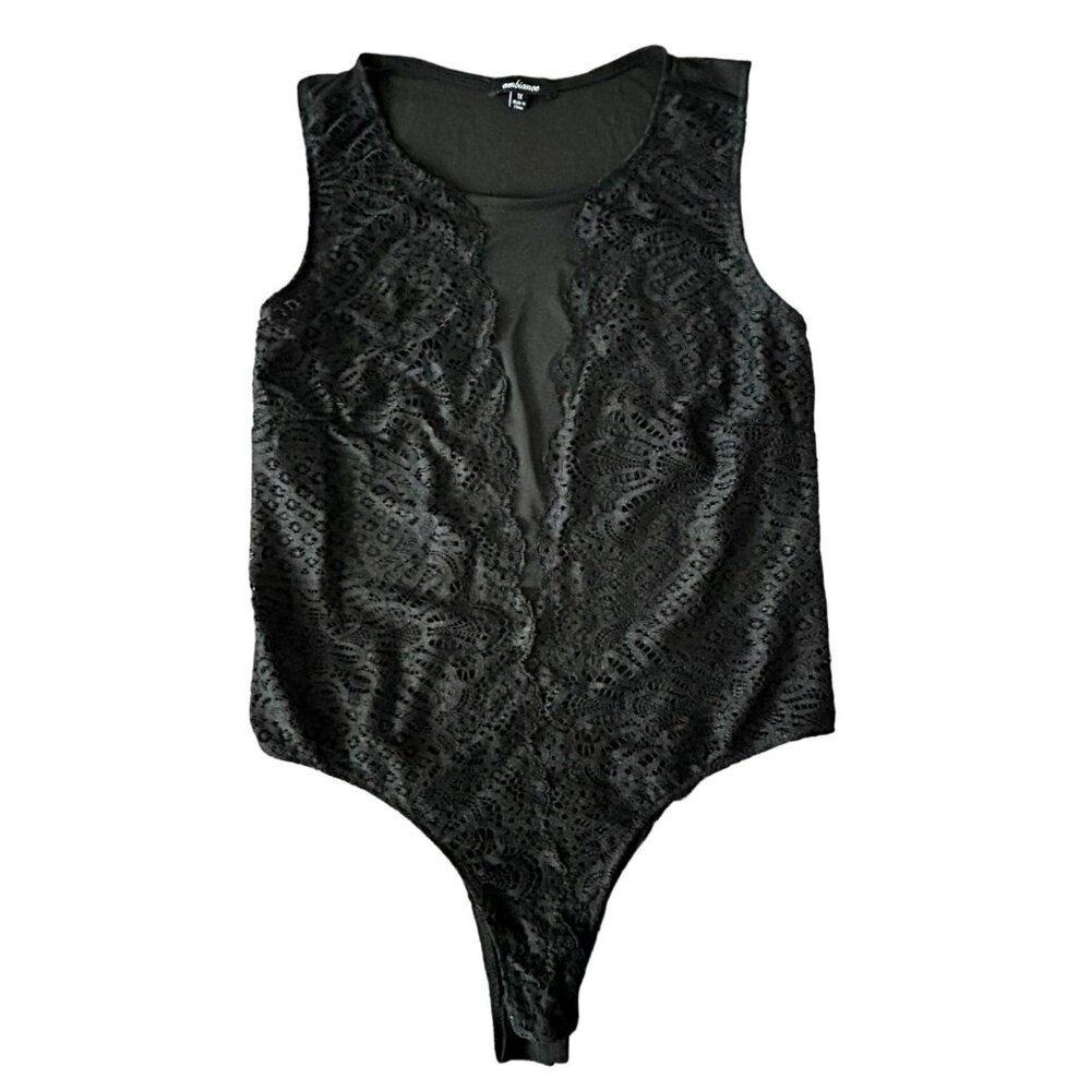 Womens Black Plus size  Bodysuit with Sheer back and snap closure